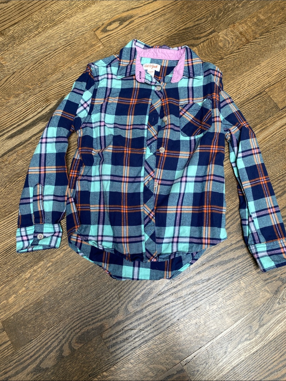 Cat & Jack Navy, Mint and Orange Plaid Button-Down Flannel Shirt sz 6/6x